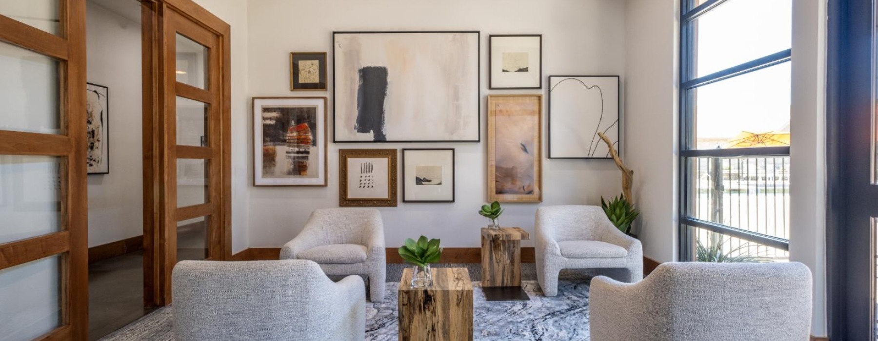 a living room with a wood floor